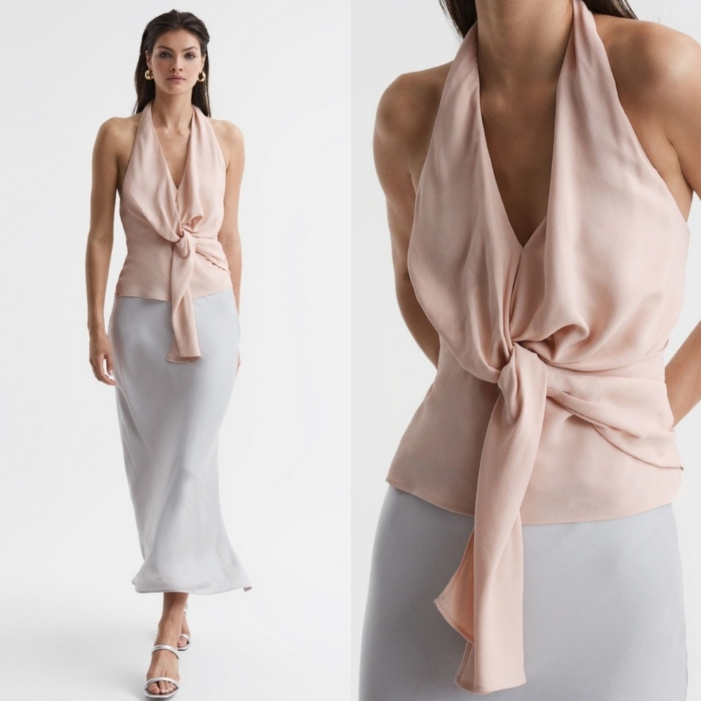 Reiss Freda Tie Halter Neck Blouse in Blush Nude Size Small 6 - Picture 3 of 16